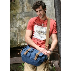 blue canvas and leather messenger bag