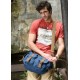 blue canvas and leather messenger bag