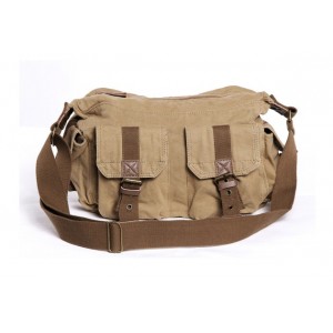 khaki canvas and leather messenger bag